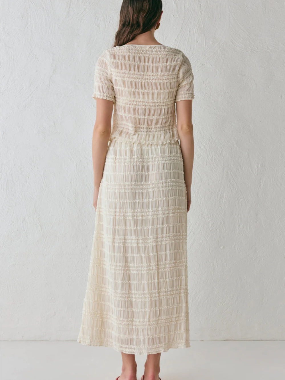 Cream Textured Short-Sleeve Shirt and Skirt Set with Front Keyhole - Picture 6 of 6